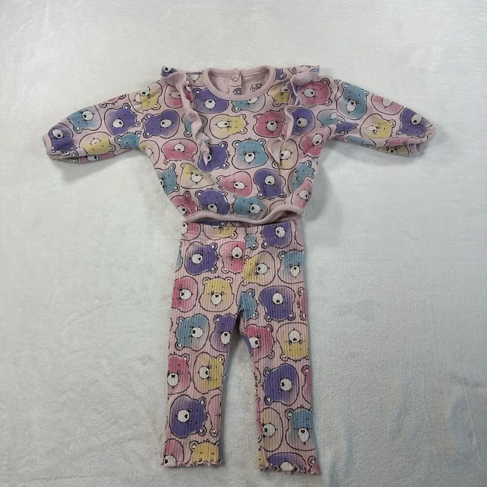 Care Bears Baby Girl 2 Piece Outfit Set Pink Bear Print 6-9 Months Ribbed